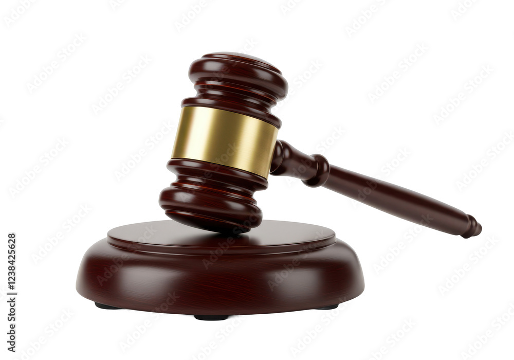 polished wooden gavel resting on a round base with metallic gold accents, symbolizing justice and authority, isolated on white background polished wooden gavel resting on a round base with metallic gold accents, symbolizing justice and authority, isolated on white background