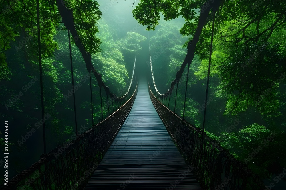 Obraz premium A serene suspension bridge surrounded by lush green trees in a misty forest, creating a peaceful, enchanting atmosphere. Concept Suspension Bridge, Lush Green Trees, Misty Forest, Serene Atmosphere