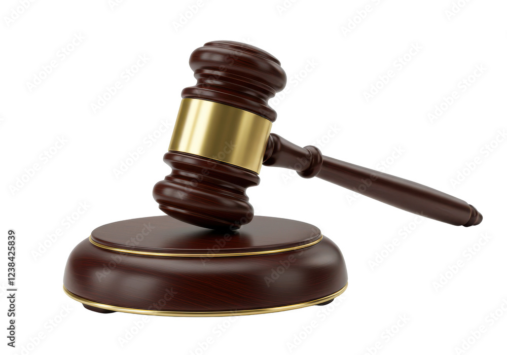 polished wooden gavel resting on a round base with metallic gold accents, symbolizing justice and authority, isolated on white background polished wooden gavel resting on a round base with metallic gold accents, symbolizing justice and authority, isolated on white background