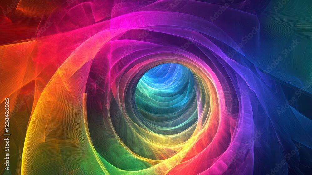 Vivid glowing shapes in neon rainbow tones, spinning in a futuristic digital tunnel. Vivid glowing shapes in neon rainbow tones, spinning in a futuristic digital tunnel.