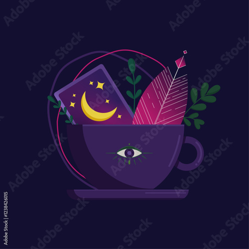 Vector illustration of a magic cup filled with a map with a moon, a feather, plants and an eye, on a dark background.  Mystical and spiritual elements