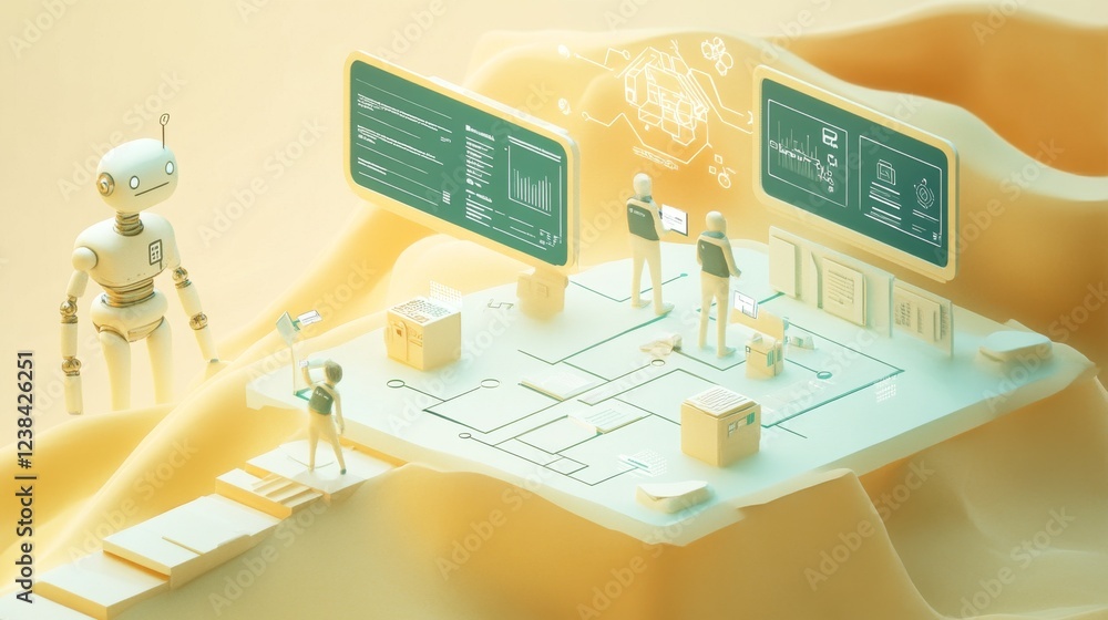 Fototapeta premium modern organizational flowchart, digital workspace concept, collaborative team interface, ai robot assistant, business process visualization, floating elements design, light sand backdrop, tech