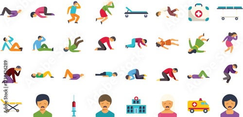 Various individuals suffering from sudden health issues, highlighting the need for medical assistance and first aid