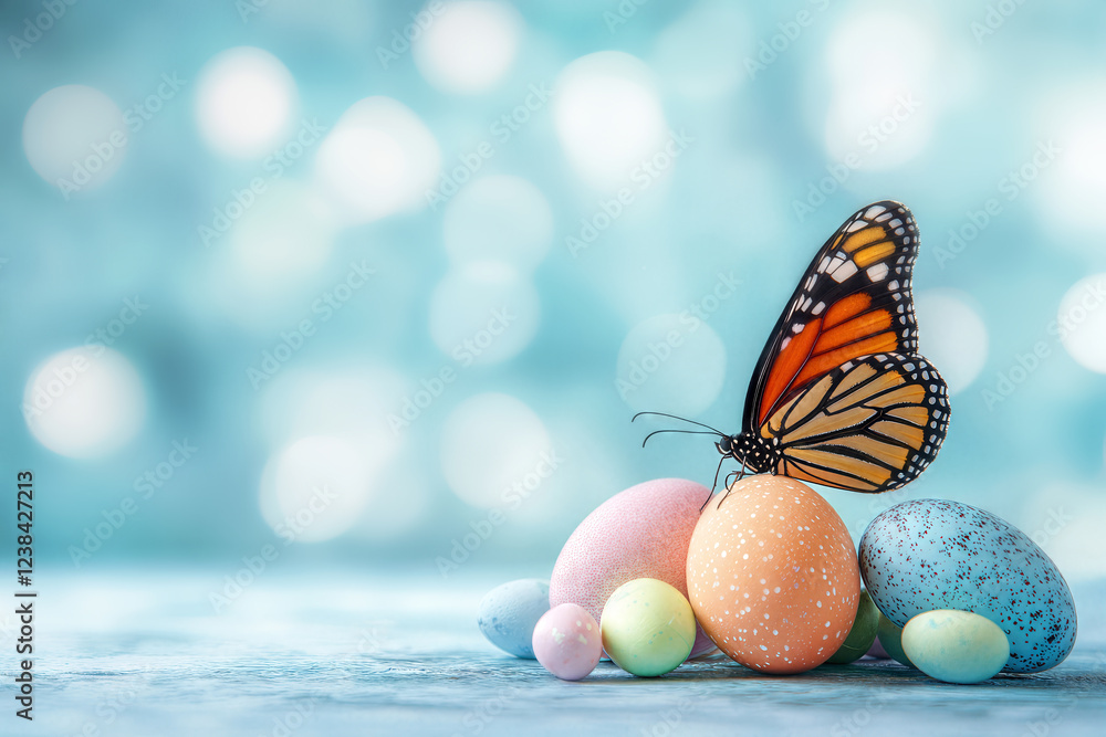 Butterfly resting on pastel-dyed Easter eggs