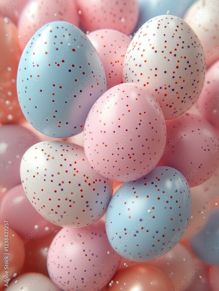 Cluster of pastel speckled eggs floating mid-air