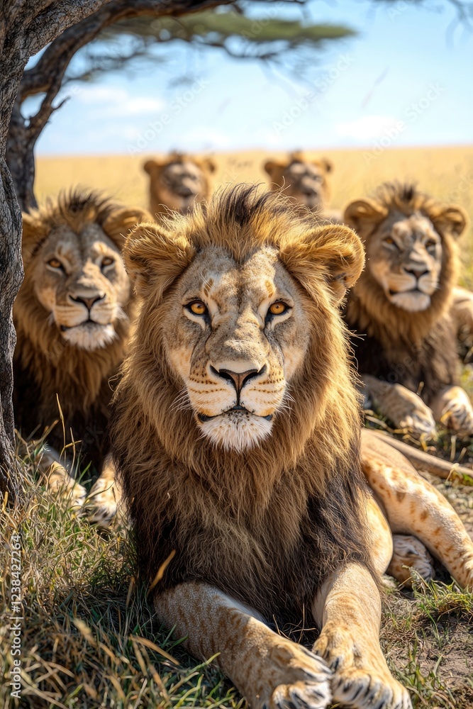 Majestic African Lions Resting Underneath a Tree Shade