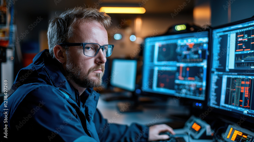 focused engineer working in control room with multiple screens displaying data and graphs focused engineer working in control room with multiple screens displaying data and graphs