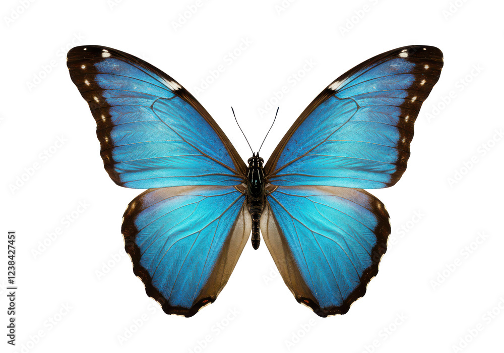 Fototapeta premium Stunning blue butterfly with open wings displaying intricate black and white details, isolated on white background