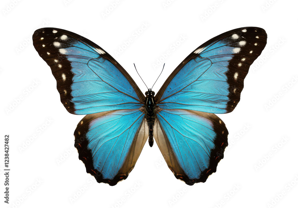 Fototapeta premium Stunning blue butterfly with open wings displaying intricate black and white details, isolated on white background