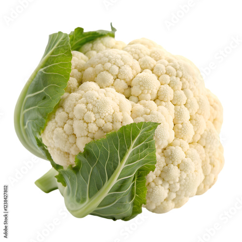 Fresh cauliflower vegetable with green leaves isolated on raw food diet on transparent background