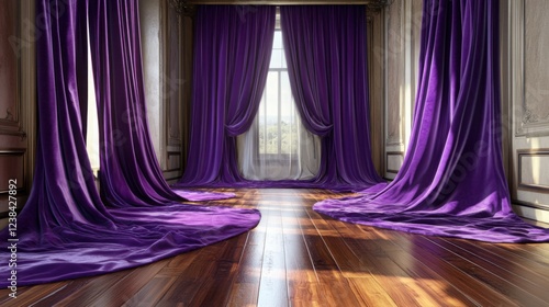 A luxurious penthouse suite with royal purple velvet curtains pooling elegantly on polished wooden floors