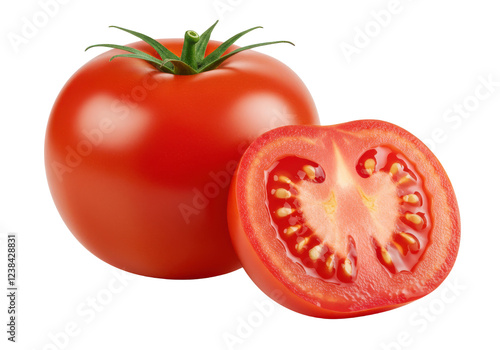 Wallpaper Mural Whole fresh red tomato and a halved tomato showing juicy interior and seeds, isolated on white background Torontodigital.ca