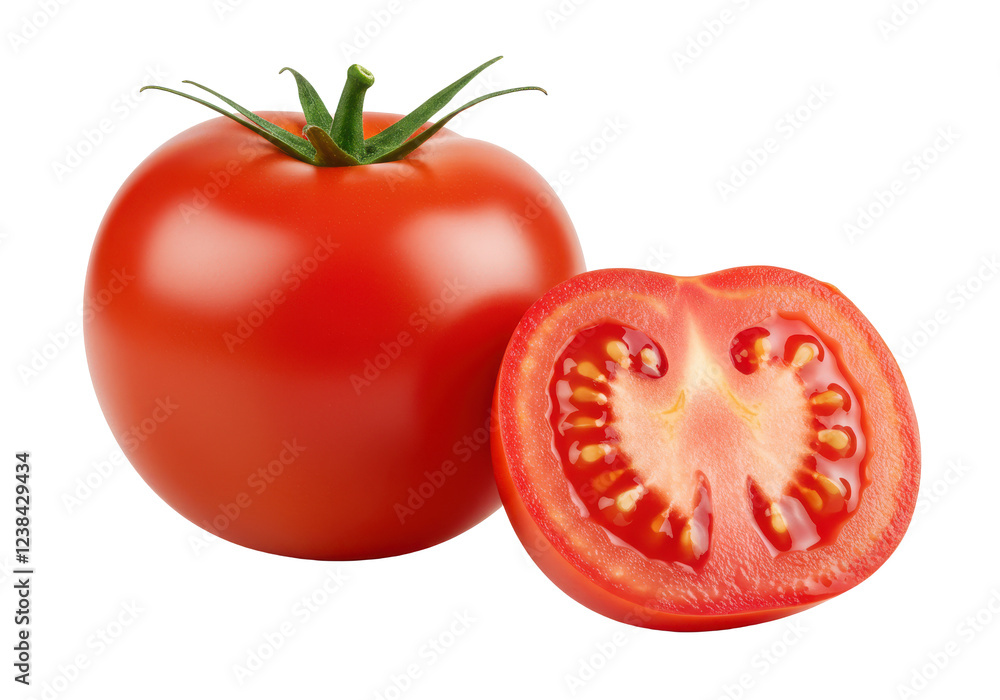 Whole fresh red tomato and a halved tomato showing juicy interior and seeds, isolated on white background Whole fresh red tomato and a halved tomato showing juicy interior and seeds, isolated on white background