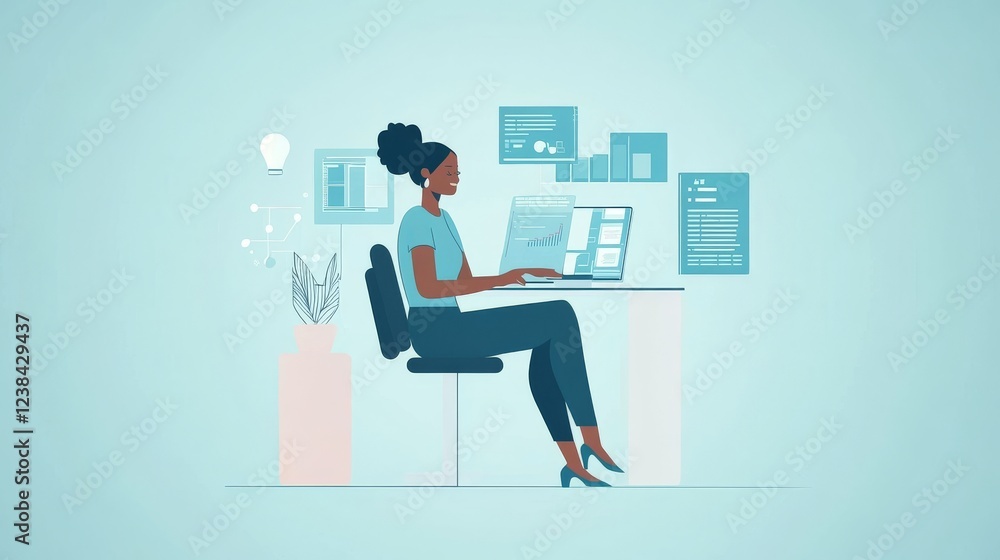 remote work illustration, woman engaging in virtual meeting, flat vector design, diverse team members, light blue ui elements, professional attire, geometric shapes, contemporary digital workspace art remote work illustration, woman engaging in virtual meeting, flat vector design, diverse team members, light blue ui elements, professional attire, geometric shapes, contemporary digital workspace art