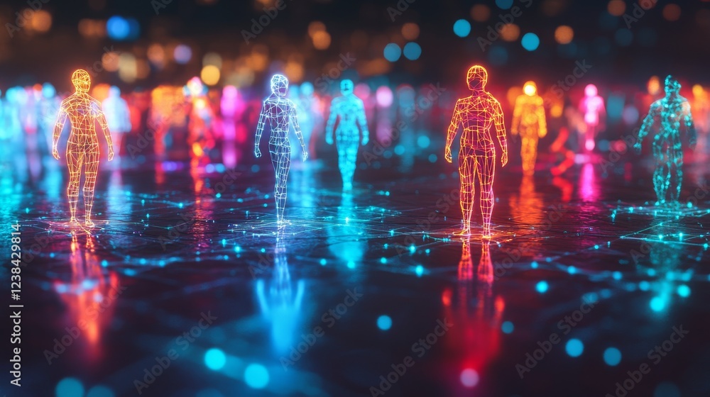 Fototapeta premium social connectivity artwork, glowing figurine network, colorful linking lines, reflective dark platform, modern tech aesthetic, professional visualization, vibrant color scheme, strategic node