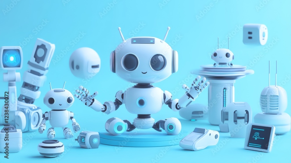 Fototapeta premium technology concept icons, chatbot characters, machine learning symbols, robotics elements, network visualization, soft blue environment, professional 3d artwork, modern tech representation, clean