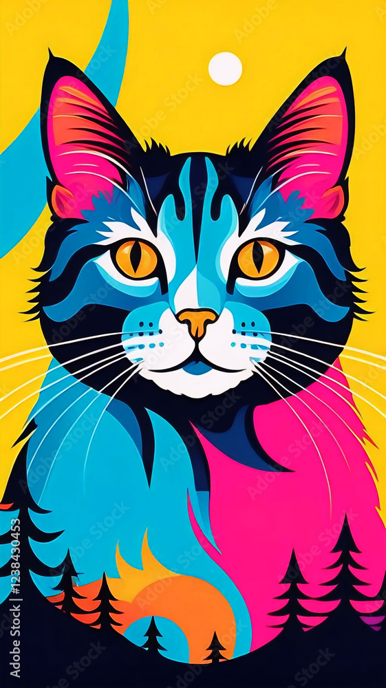 Fototapeta premium Cat bright colorful and vibrant poster illustration, funny cat phone wallpaper, cute animal wallpaper hd