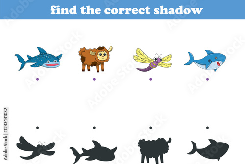 Funny cartoon wild life. Find the correct shadow. Kids Education games. Cartoon vector illustration