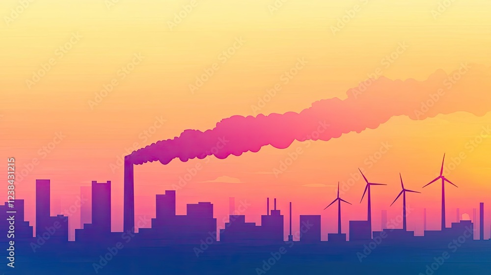 Fototapeta premium Global warming climate change concept. Silhouette of a city at sunset with wind turbines and smoke from industrial buildings.