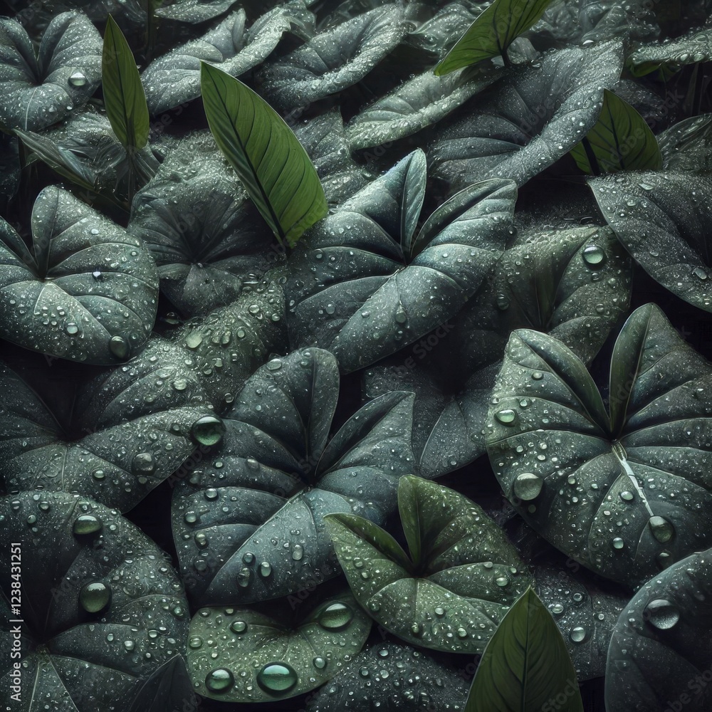 Fototapeta premium Close-up view of numerous dark green leaves, densely packed together. 