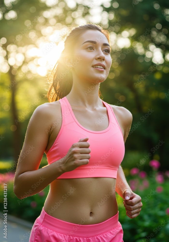 Fototapeta premium Young woman jogging in park at sunrise in vibrant activewear