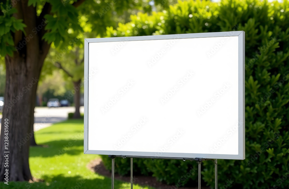 White blank screen sandwich board, placed outdoor by green tree hedges, mockup template.