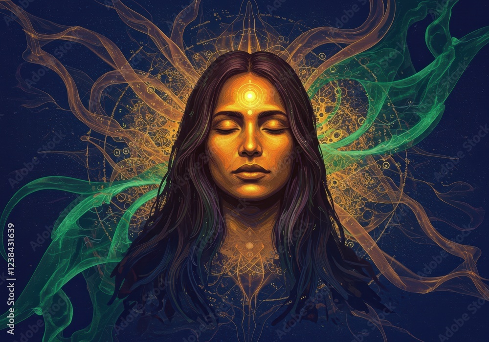 Fototapeta premium Mystical meditation: woman with cosmic aura and vibrant energy flow