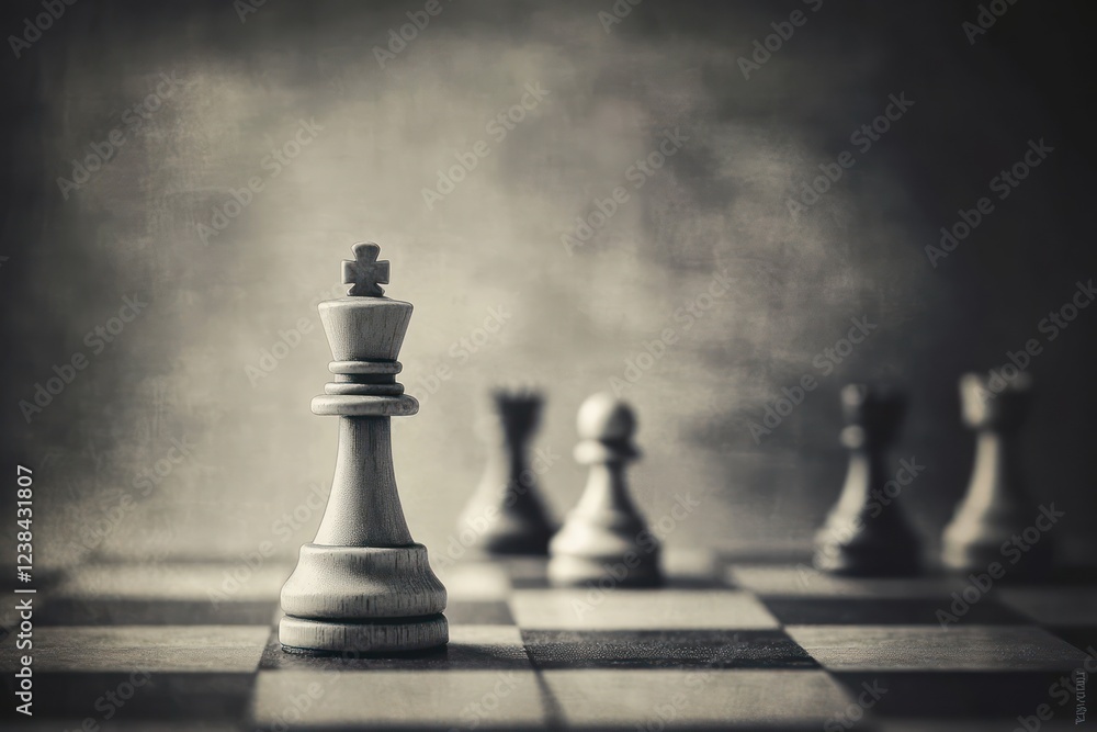 A chess game, with the white king piece standing in front of the other pieces on the chessboard. A chess game, with the white king piece standing in front of the other pieces on the chessboard.