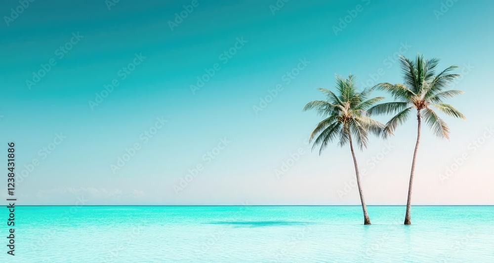 Sea level rise climate change idea. Serene tropical scene with palm trees and turquoise water under clear skies. Sea level rise climate change idea. Serene tropical scene with palm trees and turquoise water under clear skies.