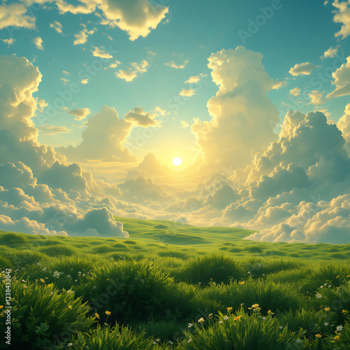 A breathtaking nature photograph captures a wide-angle panoramic landscape featuring vibrant green clouds in the sky, created using generative AI. The scene is illuminated by perfect golden hour light