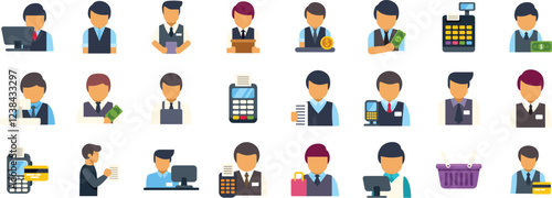 Diverse set of cashier icons depicting various tasks such as operating cash registers, processing payments, and managing sales transactions