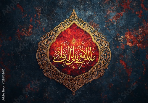 Intricate Golden Arabic Calligraphy on a Decorative Red and Blue Background