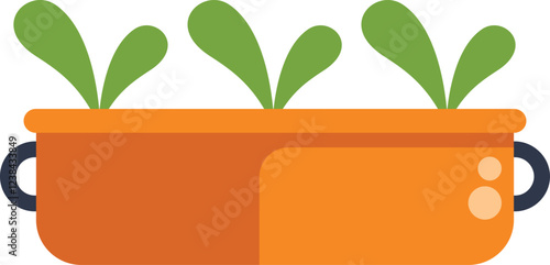 Green plants growing in an orange pot with handles, representing home gardening and urban farming concepts