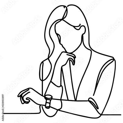 Line drawing of woman checking watch on white background