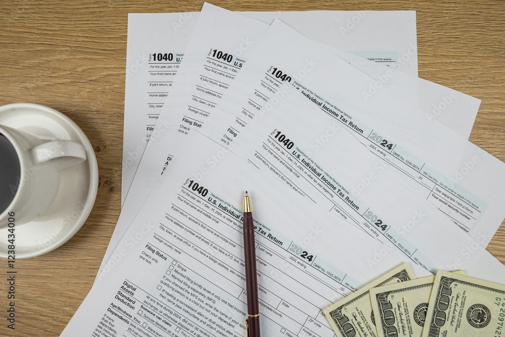 us tax forms 1040. 2024 year, business tax time concept.