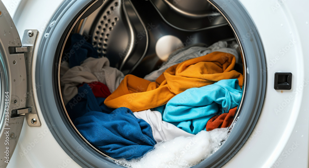 Modern washing machine filled with vibrant, colorful clothes and detergent, preparing for a busy laundry day in a stylish home setting Modern washing machine filled with vibrant, colorful clothes and detergent, preparing for a busy laundry day in a stylish home setting