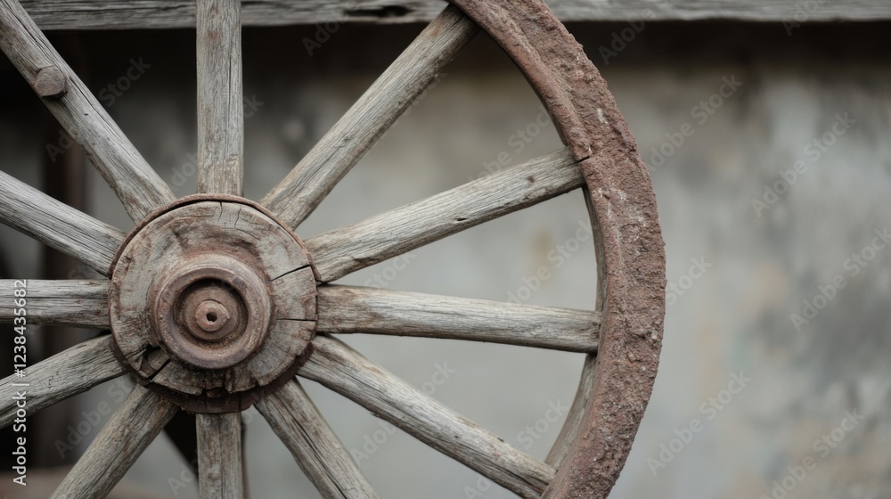 Rustic wooden wagon wheel against aged wall Rustic wooden wagon wheel against aged wall