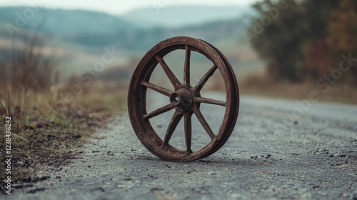 Rustic wooden wheel on rural road, hills background, history