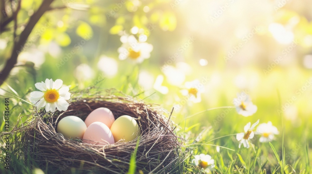 Pastel Easter eggs nestled among spring flowers, radiating warmth and renewal in a serene meadow setting.
Pastel Easter eggs nestled among spring flowers, radiating warmth and renewal in a serene meadow setting.