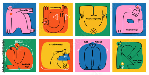 Mental health, psychology concept. Self love, mind care, help, acceptance. Cute disproportionate isolated characters inscribed in color square box and funny quotes, vector illustration