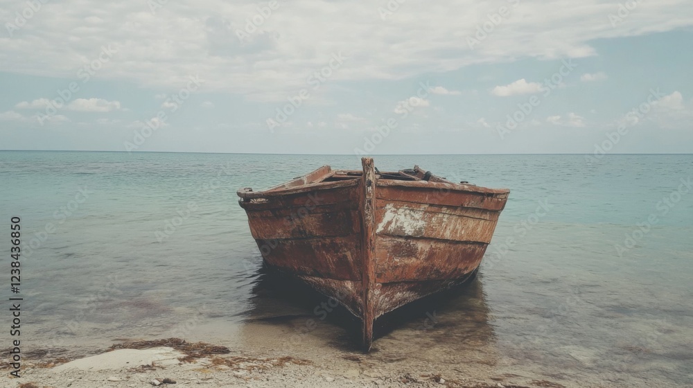 Rusty boat on tranquil beach, calm sea background. Ideal for travel, nostalgia Rusty boat on tranquil beach, calm sea background. Ideal for travel, nostalgia