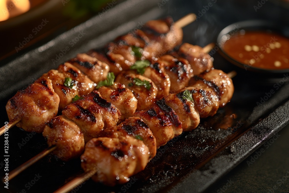 Grilled chicken skewers, smoky background, delicious sauce, recipe illustration Grilled chicken skewers, smoky background, delicious sauce, recipe illustration