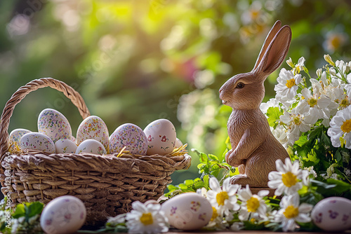 Easter basket with pastel speckled eggs, fresh spring flowers, and a white rabbit figurine, creating a charming and festive holiday scene photo