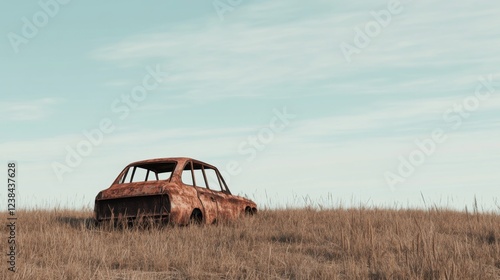 Rusty car abandoned in field, clear sky background. Stock photo for vintage, decay, and nature themes photo