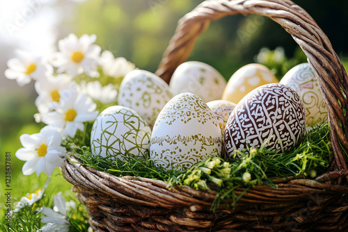 Easter basket with intricately decorated eggs featuring elegant patterns, placed on fresh grass among wildflowers, creating a natural and artistic spring scene photo