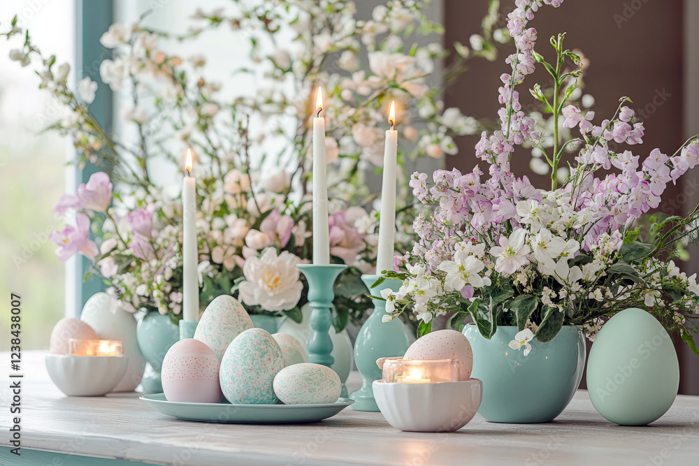 Elegant Easter table setting with pastel eggs, blooming spring flowers, and glowing candles, creating a sophisticated and festive ambiance Elegant Easter table setting with pastel eggs, blooming spring flowers, and glowing candles, creating a sophisticated and festive ambiance