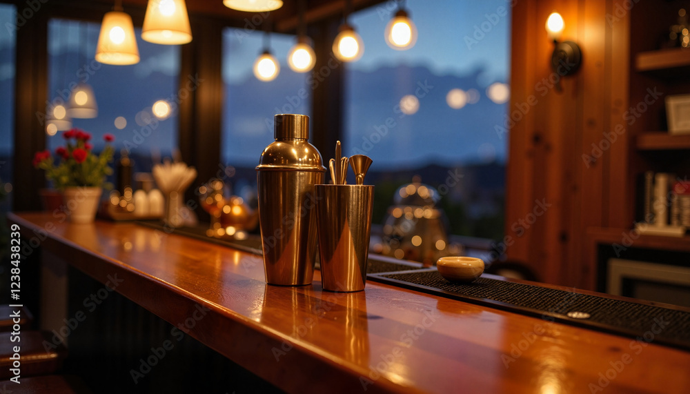 Bartender tools arranged on wooden counter in dim bar, cocktail ambiance Bartender tools arranged on wooden counter in dim bar, cocktail ambiance