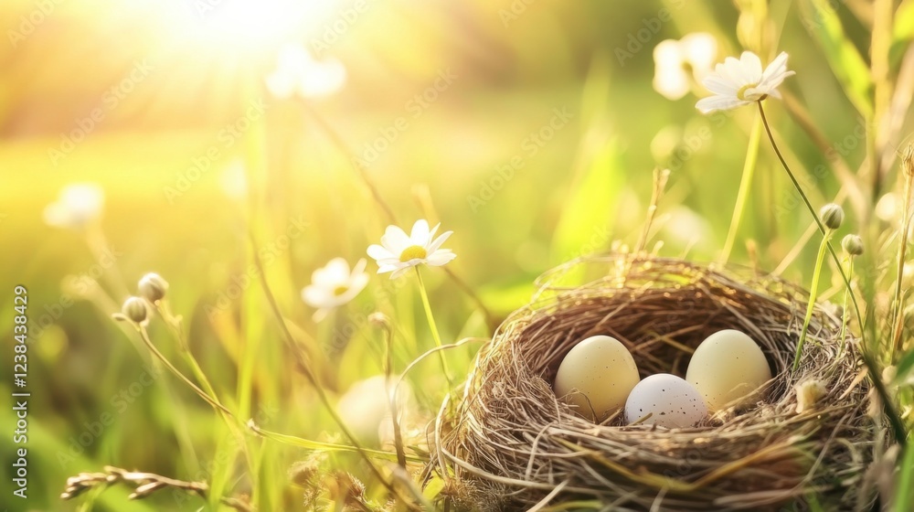 Pastel Easter eggs nestled among spring flowers, radiating warmth and renewal in a serene meadow setting.
Pastel Easter eggs nestled among spring flowers, radiating warmth and renewal in a serene meadow setting.