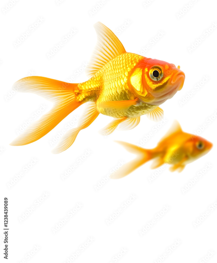 Fototapeta premium A bright yellow goldfish swimming in clear water, with flowing fins. Transparent background