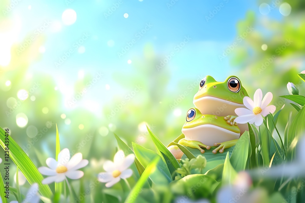Fototapeta premium Cute cartoon vector-style illustration of two frogs sitting on top of each other in the grass, surrounded by flowers and greenery, with vibrant summer sunshine